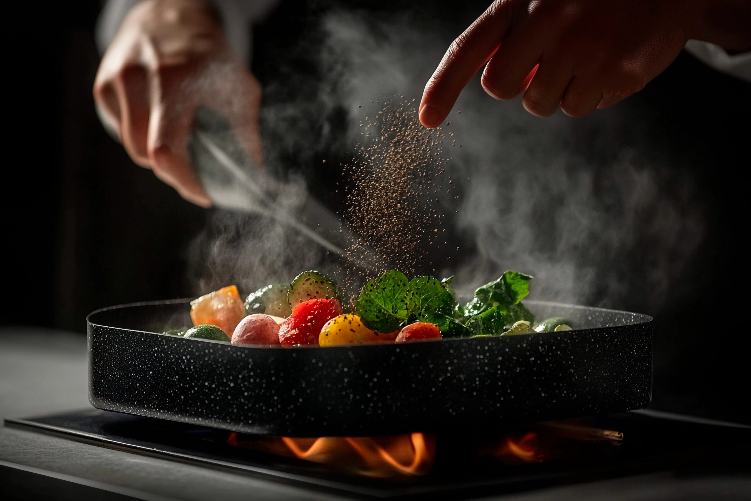 creating a vibrant dish with fresh vegetables and aromatic spices on a kitchen stove