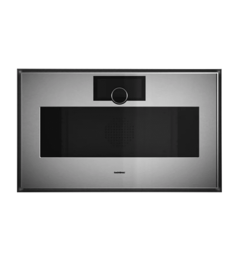 Piekarnik z funkcją mikrofal Gaggenau GM481120 – model o szerokości 76 cm z zawiasami lewostronnymi, dotykowym wyświetlaczem i pierścieniem ze stali nierdzewnej, łączący funkcje piekarnika i mikrofalówki do szybkiego, precyzyjnego gotowania.