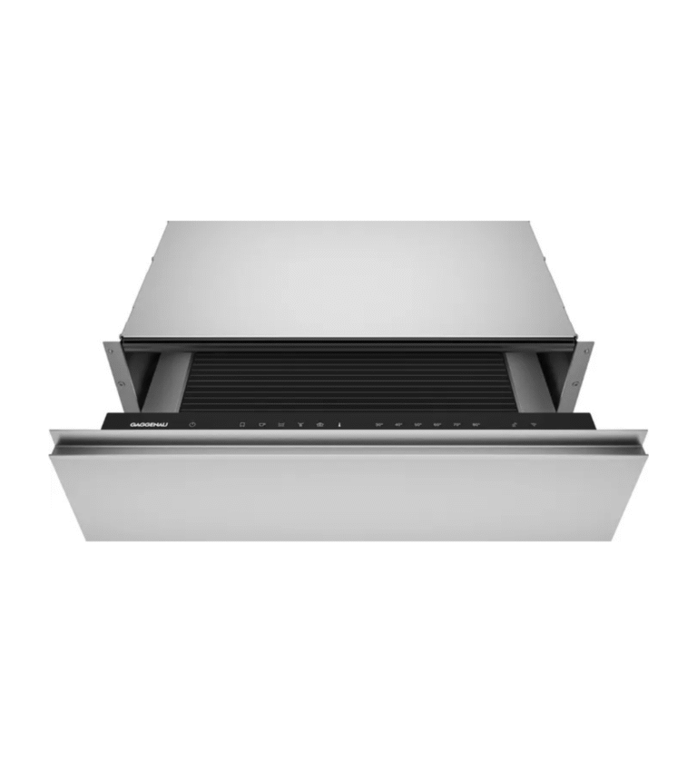 Szuflada grzewcza Gaggenau GW051190 – eleganckie urządzenie o wysokości 14 cm z sześcioma poziomami mocy i czterema trybami grzania, idealne do podgrzewania naczyń, utrzymywania potraw w cieple i gotowania w niskiej temperaturze.