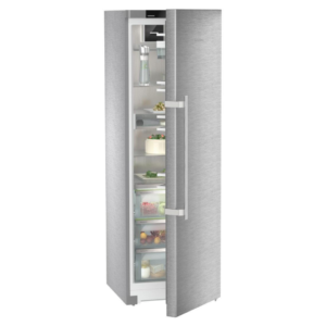 Srebrna lodówka z przezroczystymi drzwiami